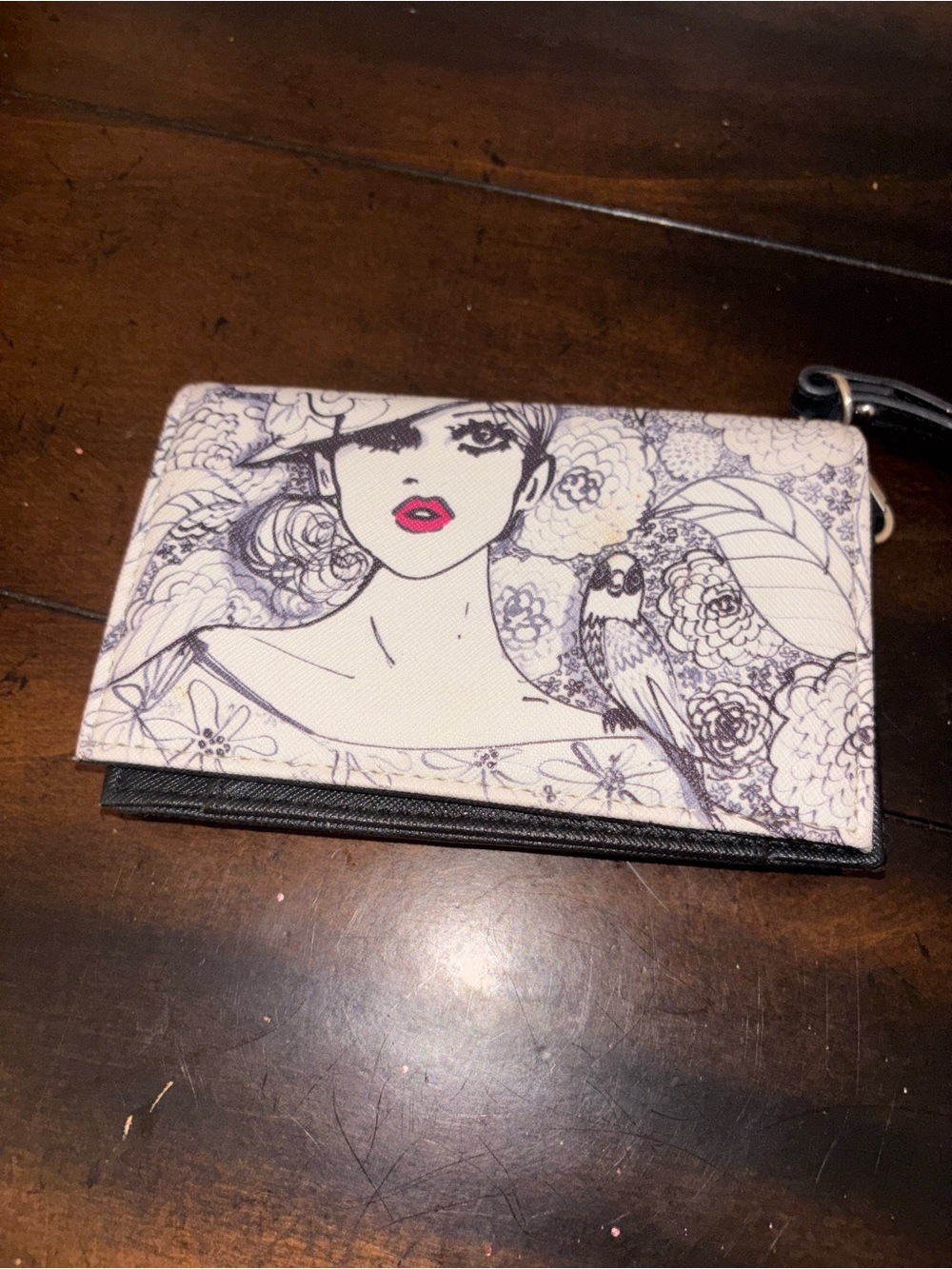 Stylish Illustrated Wristlet Wallet - White with Pink Accent